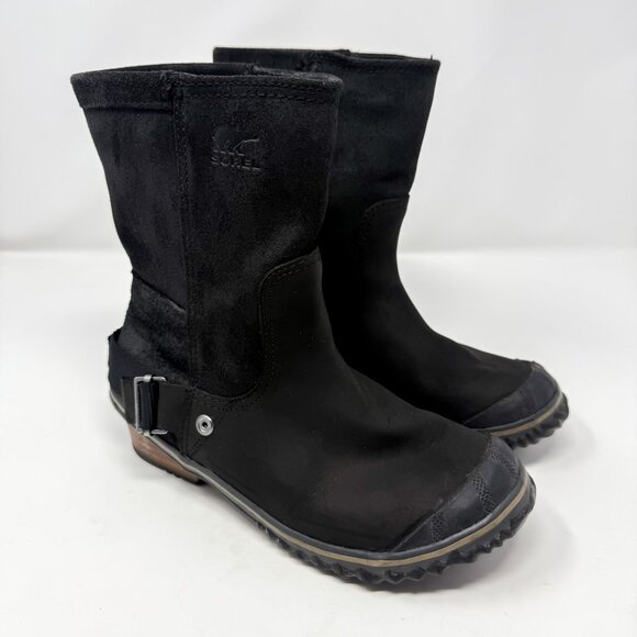 Sorel Slim Shortie Black Leather Mid-Calf Boots Size 6.5 Waterproof Moto Chic - Picture 1 of 11
